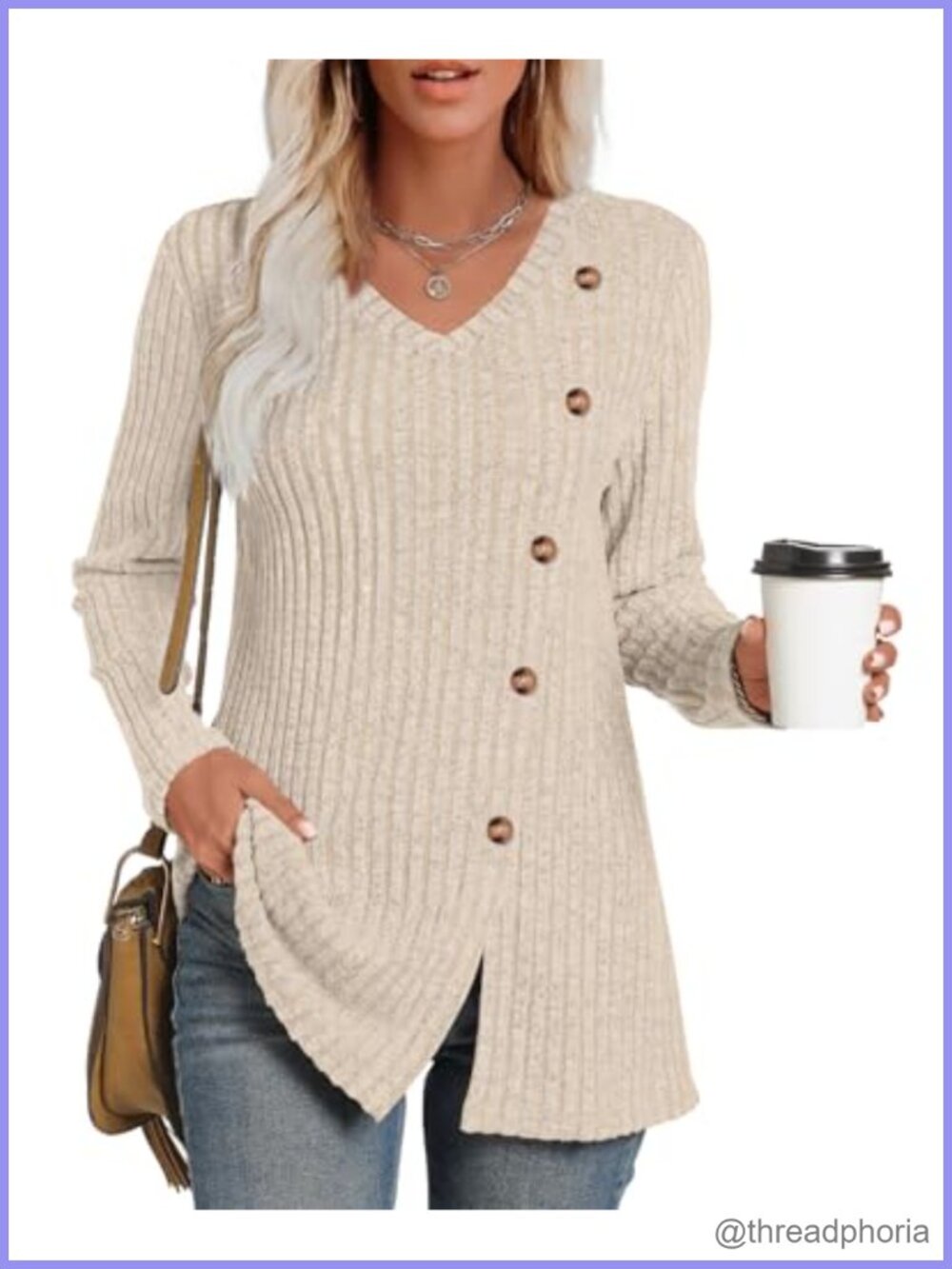 Women's Long Sleeve V-Neck Sweater Tunic Side Slit Blouse